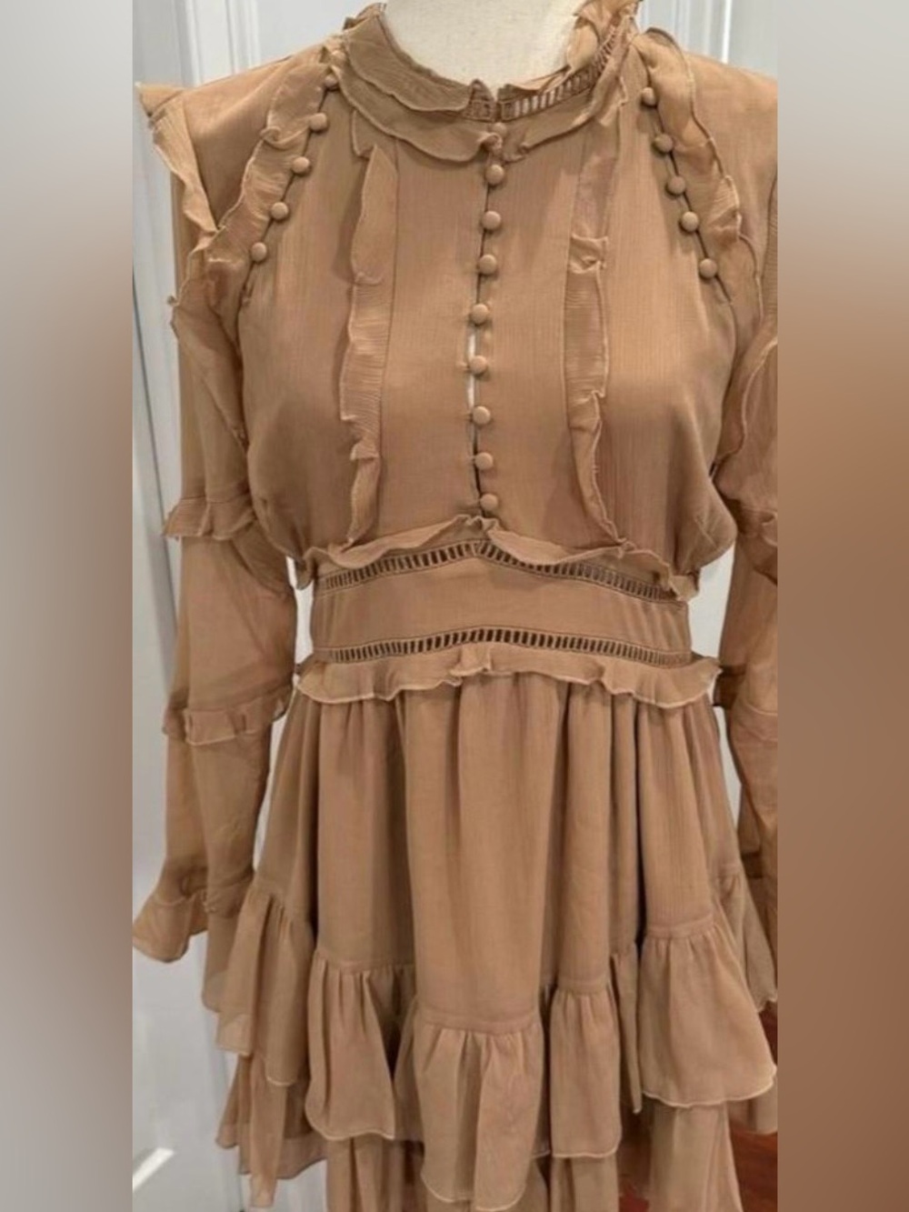 ASOS Women's Camel Ruffle Tiered Long-Sleeve Dress